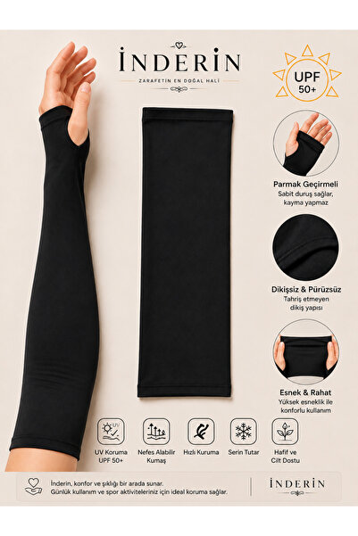 İnDerin UPF 50+ Parmak Geçirmeli Unisex UV Korumalı Siyah Kolluk 1 Çift Likra...