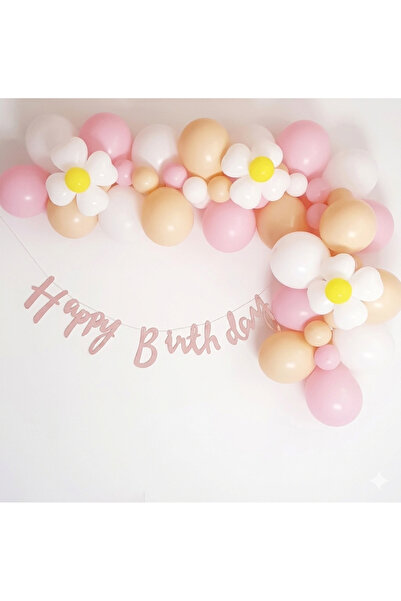 Partihane Macaron Pink Light Salmon and White Colored Daisy Themed Balloon Ch...