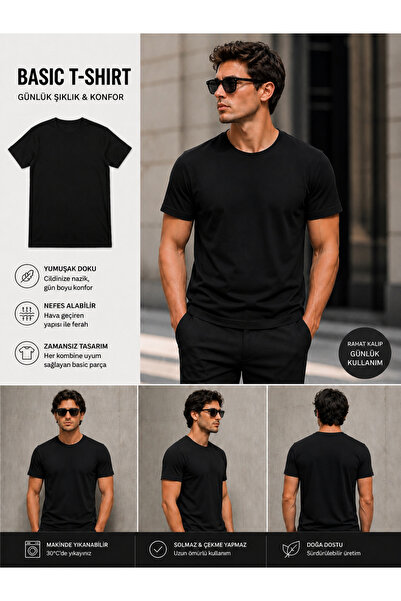 ERKEK SİYAH BİSİKLET YAKA REGULAR FİT GÜNLÜK T-SHIRT