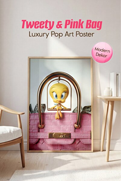 Puravera Lüks Pembe Çantalı Tweety Pop Art Dekoratif Poster (çerçevesiz)