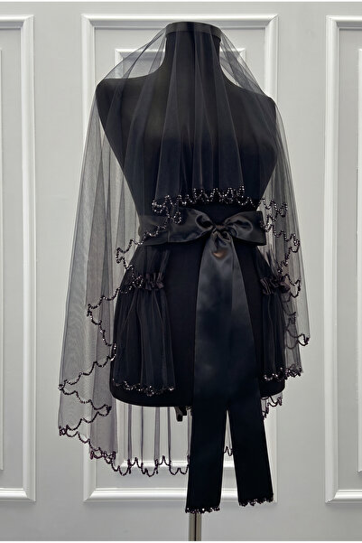 ZEYMERADE Black Bridal Veil Set, Sparkling Crystal Stone Decorated, Henna Nig...