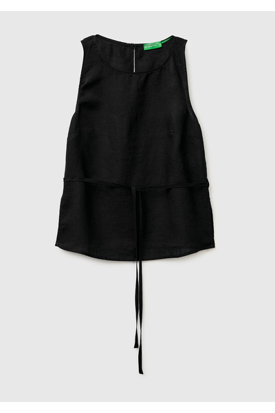 United Colors of Benetton Women's Black 100% Linen Tie-Up Back Buttoned Sleev...