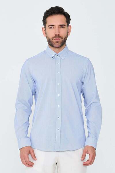White Stone Blue Pinstripe Dynamic Fit Long Sleeve Men's Shirt