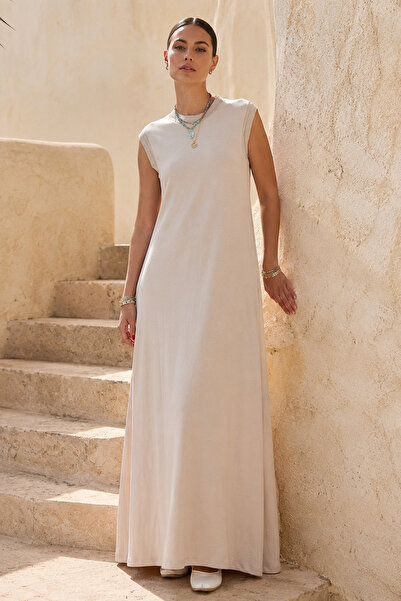 Lale Butik Ribana Detailed Zero Sleeve Long Combed Cotton Dress 13274 Beige