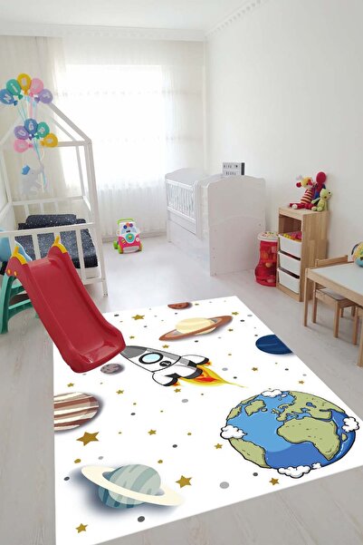 Bordo Halı Yıkanabilir Kaymaz Dot Taban Tüysüz Çocuk Odası Dijital Baskılı Be...
