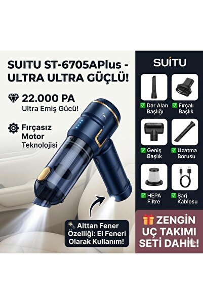 ST SUITU ST-6705APlus 22.000 PA Ultra Güçlü Fırçasız Motorlu Kablosuz Araç Sü...