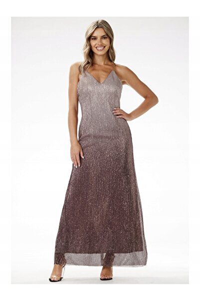 Awama Maxi dress, awama, with sequins, ombre effect, brown, knit with satin l...