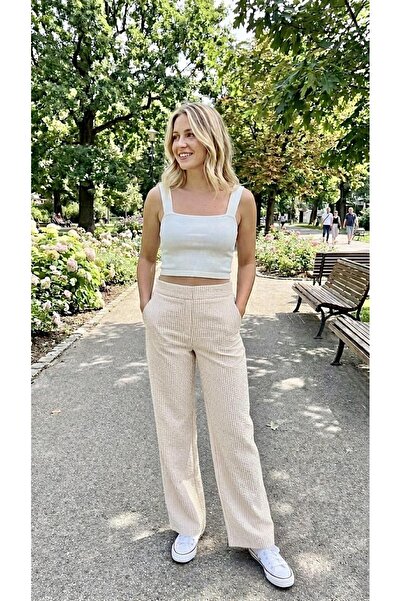 Sinem Çeyiz Oroverde Gofre Pants Beige Striped Elastic Waist Loose Leg Trouse...