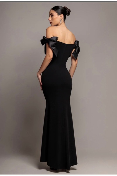 goddiva london Women’s Black Off Shoulder Maxi Evening Dress with Satin Bow S...