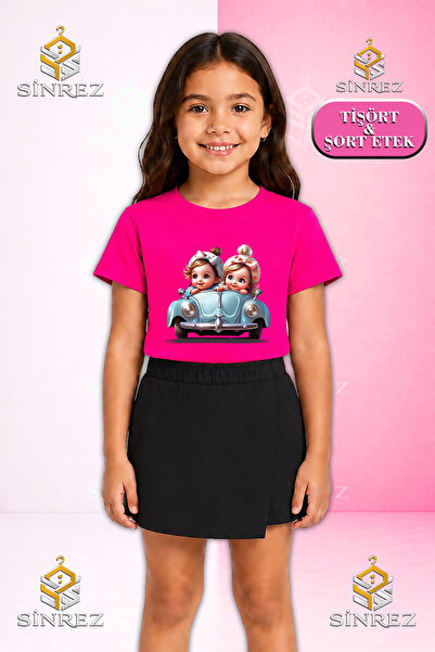 SİNREZ Girl's Set Car Dual Girls Cute Printed Short Sleeve T-Shirt Shorts Skirt