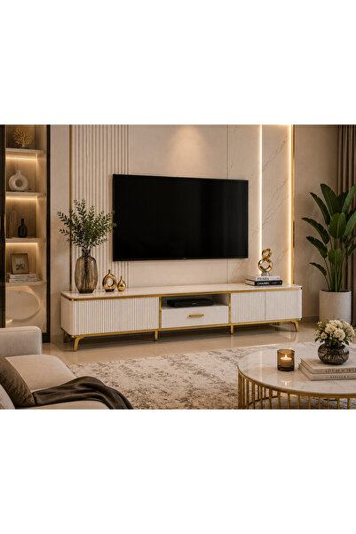 N.zone طاولة تلفزيون فاخرة بتصميم رخامي أبيض مع لمسات ذهبية وأرجل معدنية أنيق...