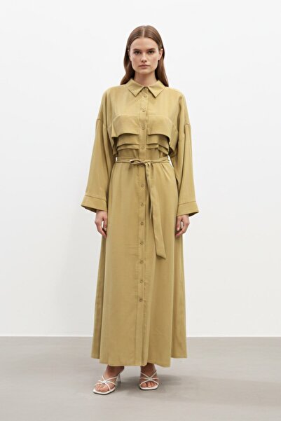 Loreen Chest Ruffle Detail Belted Dress-Pistachio Green Pistachio Green