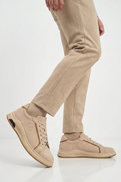 KOMCERO Beige Genuine Leather Men's Casual Shoes