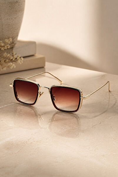 PİYESBOUTİQUE Unisex Women Square Gold Brown Metal Gradient Retro Uv400 Sungl...