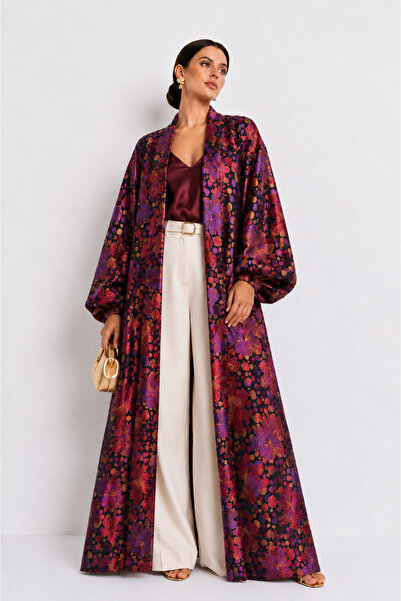 Marever Fashion Mor Bordo Brokar Kaftan – Premium Dokulu Floral Desenli Uzun ...