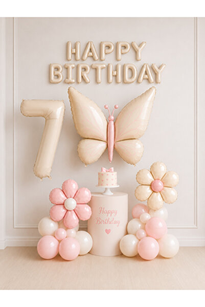 Balonsan Retro Cream Butterfly and Daisy -7- Numbered Happy Birthday Balloon Set