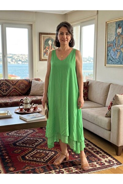 AYASOFYA OTANTIK Women's Italian Green Plain Pattern Lined Strap Midi Silk Dress