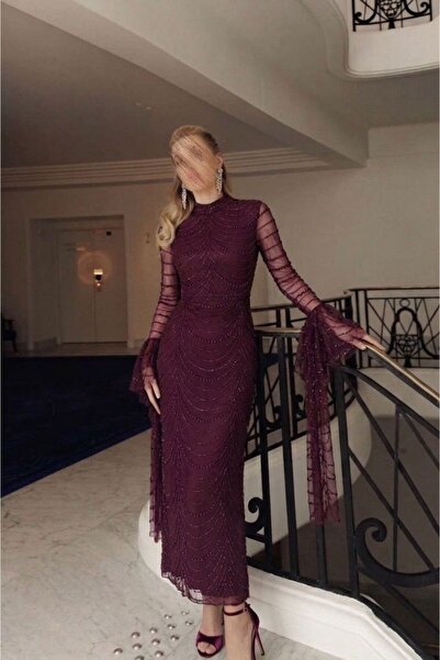MAYASAN Burgundy Dress with Beaded Embroidery and Sheer Sleeves