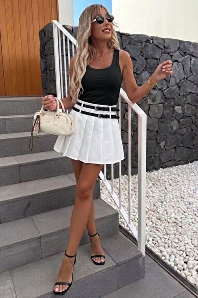 FashionForYou AYRA pleated mini skirt with double black belt system, WHITE, S