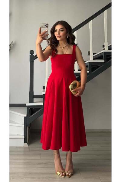 Oslove Red square neck belted midi dress