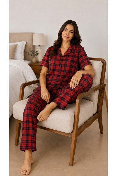 BALİS PİJAMA Women's Pink Burgundy Gray Heart Patterned Plaid Ribbon Option S...