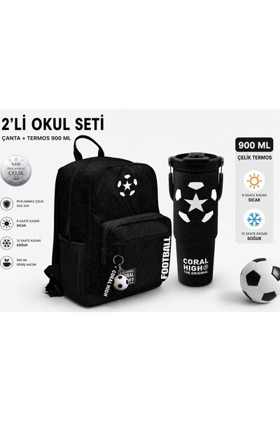 Coral High Black Football Patterned School Backpack 23698+Steel Thermos 900 m...