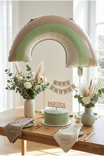 Partixa Yeşil Gökkuşağı Retro Folyo Balon Doğum Günü Baby Shower Rainbow Tema...