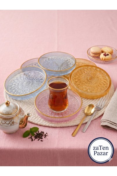 zaTen Pazar 6-Person Cake Set. Set of 6 Colorful Gilded Glass Plates, Dessert Plates, Presentation Plates, Snack Plates, Cookie Plates 12cm