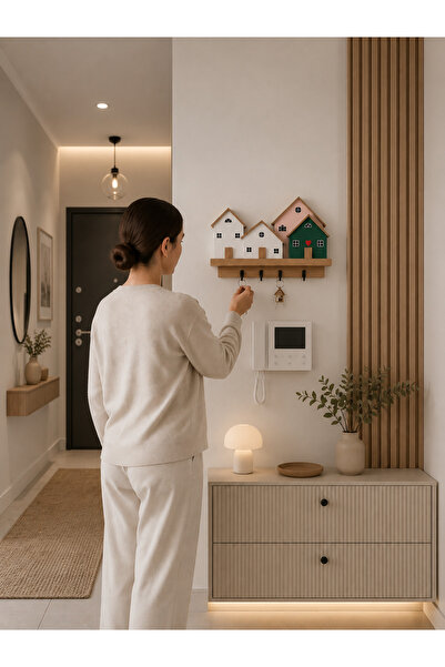 YMRWOOD Bohem Evler Ahşap Anahtar Askılığı 4 kancalı 25x22