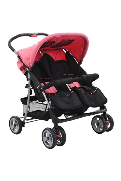 vidaxl Double stroller for children, pink and black, steel