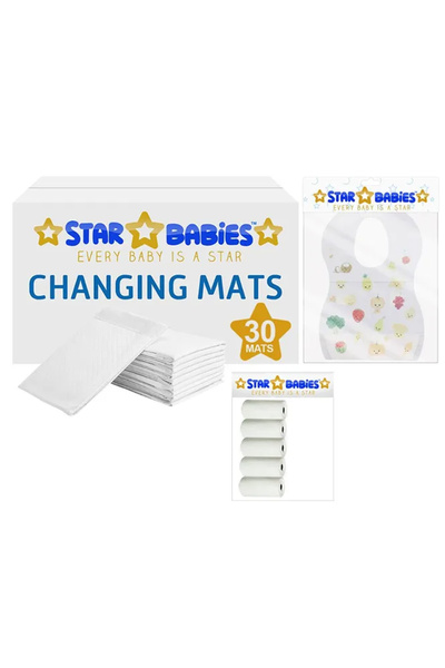 STAR BABiES 30 قطعة من مفارش التغيير، 30 قطعة من المرايل، و5 قطع من الأكياس ا...