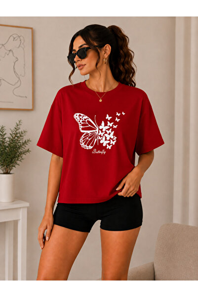 Badiva Kadın Kelebek Butterfly Baskılı Oversize Tişört Salaş Rahat Kalıp Yazlık T-shirt