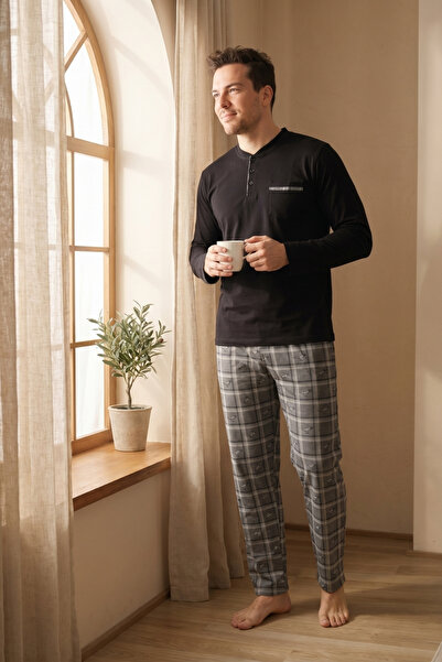 MORRO Men's Pajama Set Long Sleeve Buttoned Collar Pocketed Striped Bottom Co...