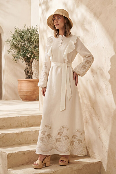Nuss Dress with Ruffle Detail on the Shoulders, Embroidery Detail on the Hem ...