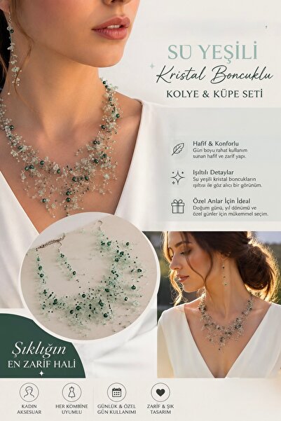 ELUNE İSTANBUL &Milano Su Yeşili Kristal Parlak Boncuklu Kolye ve Küpe Seti