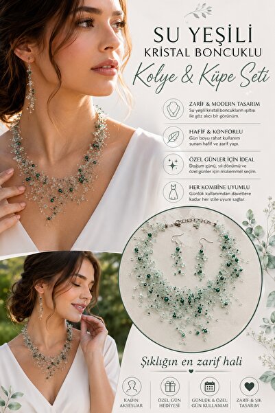 ELUNE İSTANBUL &Milano Su Yeşili Kristal Boncuklu Kolye ve Küpe Seti