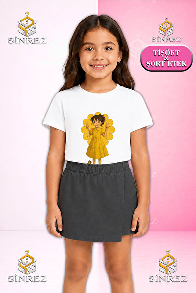 SİNREZ Girl's Set Hvn Girl Anime Printed Short Sleeve T-Shirt Shorts Skirt