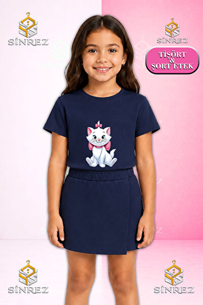 SİNREZ Set pentru fete CAT SITTING ON THE ROOF, tricou cu mânecă scurtă impri...