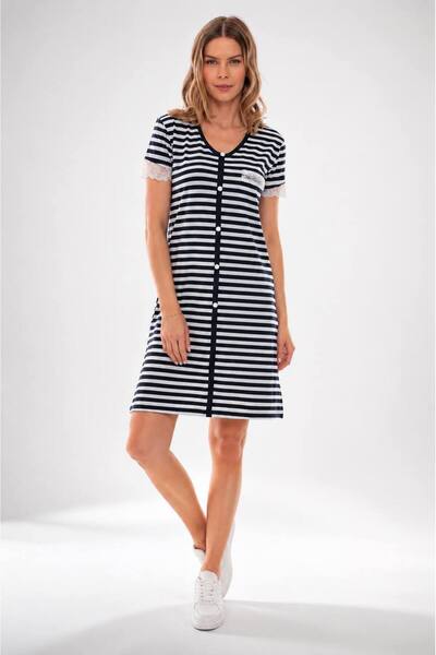 BONYVA BELLA BOUTİQUE Women's Quality Black and White Striped Dress with Lace Detail and Slit