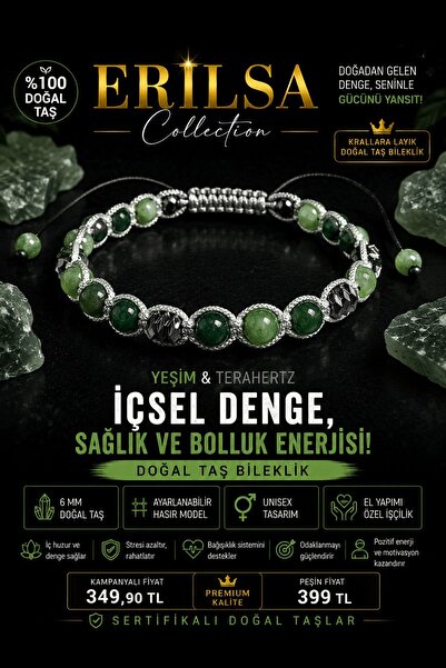 Erilsa Certified Jade Terahertz Natural Stone Bracelet 6 mm Adjustable Unisex...