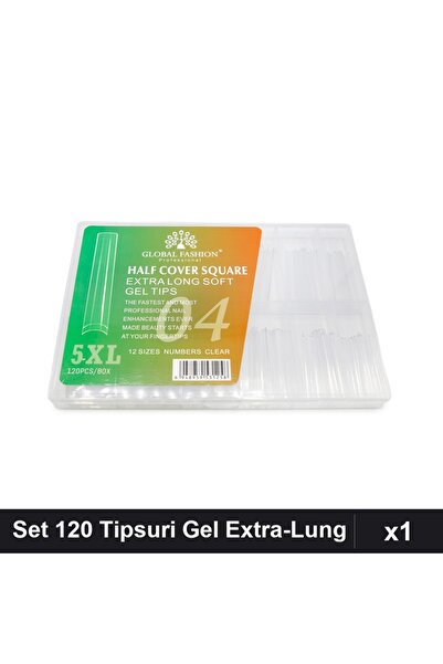 global fashion Set 120 Tipsuri Gel Extra-Lung 5XL, 12 Mărimi, Pătrat, Manichi...