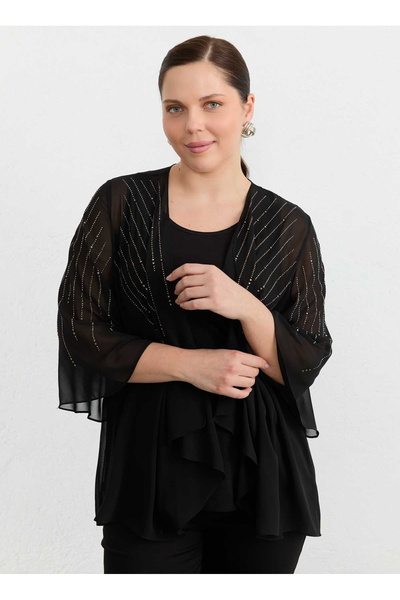 Selen Siyah Kadın Taşlı Normal Fit Bluz 26YSL8371