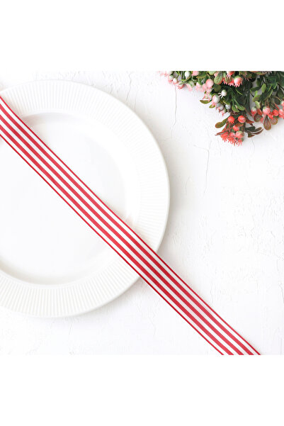 Bimotif Kırmızı beyaz çizgili tafta kurdele, 25 mm 10 metre