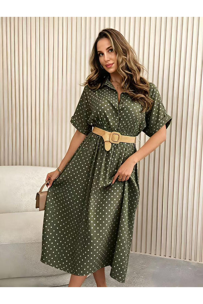 OEM Rochie midi dama cu buline, tip camasa, lejera si eleganta, cu maneca scurta