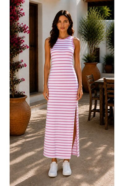 KEHER Women's Crew Neck Maxi Dress with Slit Detail