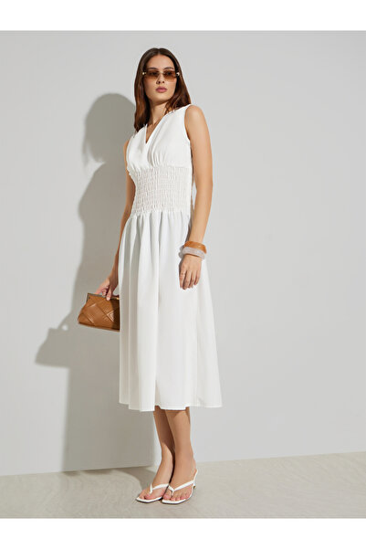 Styli White V Neck Gathered A-Line Midi Dress