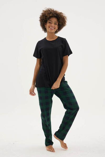 KLY Honeymoon Series Couple Pajama Set – Special Soft Textured Premium Plaid Bottom & Basic Black Top Combination for Newlyweds