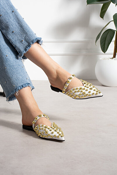Suuet Luvi Women's Slippers with Front Straps and Gold Pins, Leather