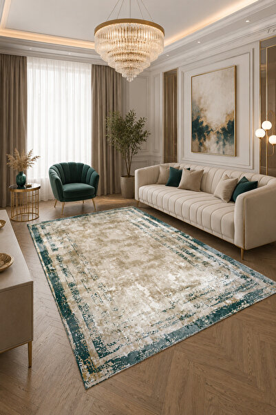 Bordo Halı Modern Eskitme Desenli Yeşil Bej Salon Mutfak Yatak Odası Halısı K...
