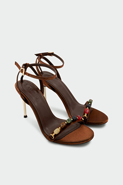 LAMİNTA Jita Natural Stone Detailed Women's Bitter Brown Satin Heeled Shoes